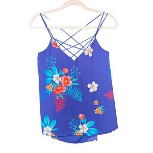 Express Womens Blouse Blue Floral V Neck Tank Racerback Flowy Stretch XS